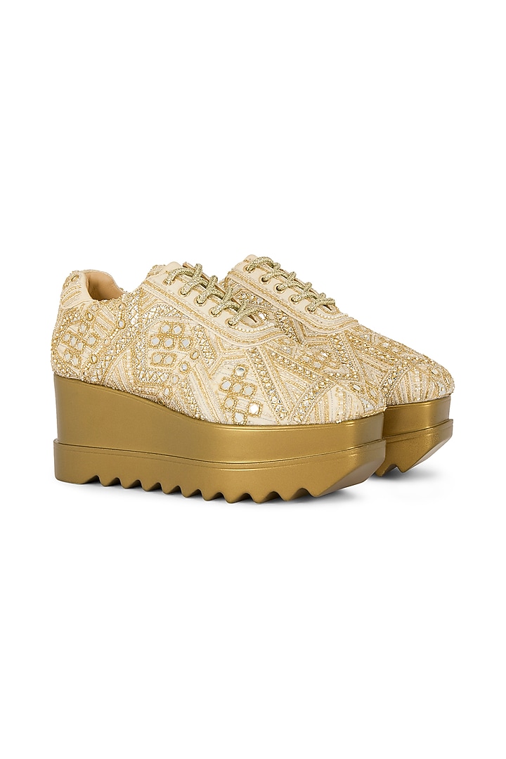 Champagne Gold Chiffon Zari Embroidered Sneaker by Anaar at Pernia's Pop Up Shop
