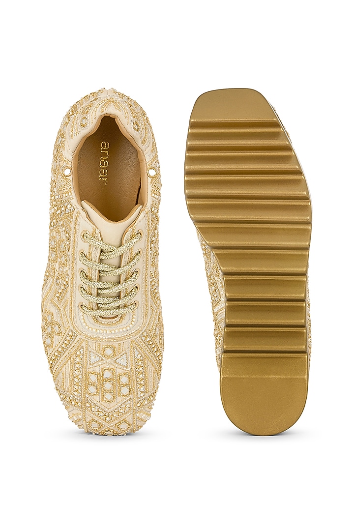 Champagne Gold Chiffon Zari Embroidered Sneaker by Anaar at Pernia's Pop Up Shop