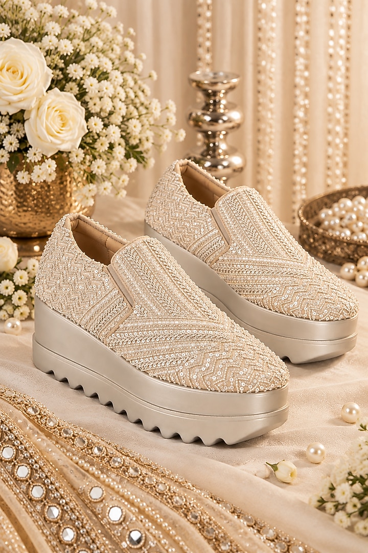 Silver Gajji Satin Hand Embroidered Sneakers by Anaar at Pernia's Pop Up Shop