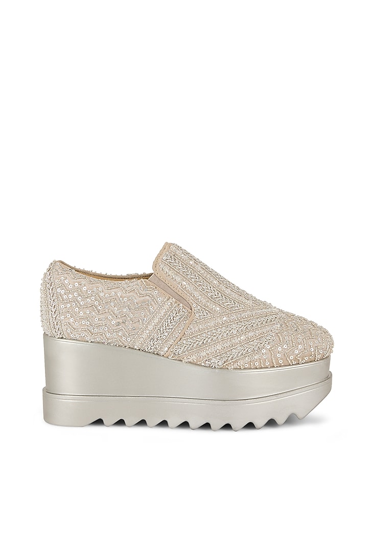 Silver Gajji Satin Hand Embroidered Sneakers by Anaar at Pernia's Pop Up Shop