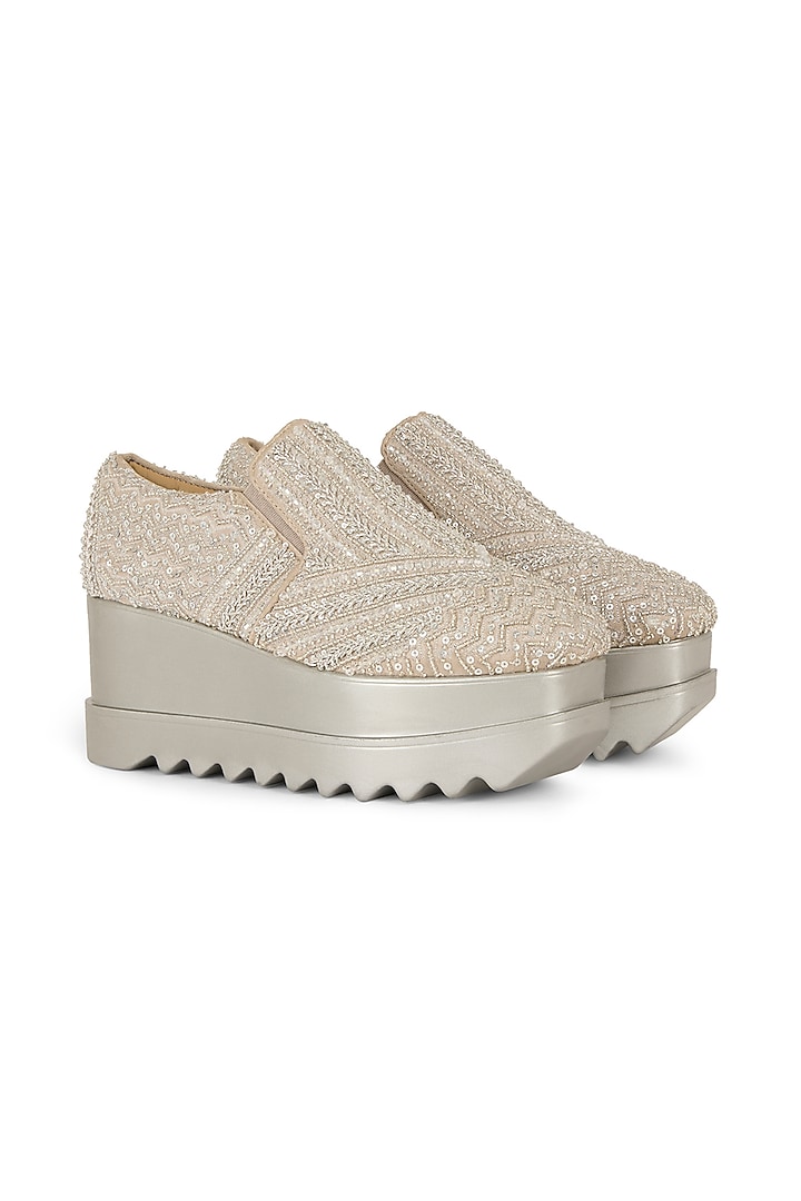 Silver Gajji Satin Hand Embroidered Sneakers by Anaar at Pernia's Pop Up Shop