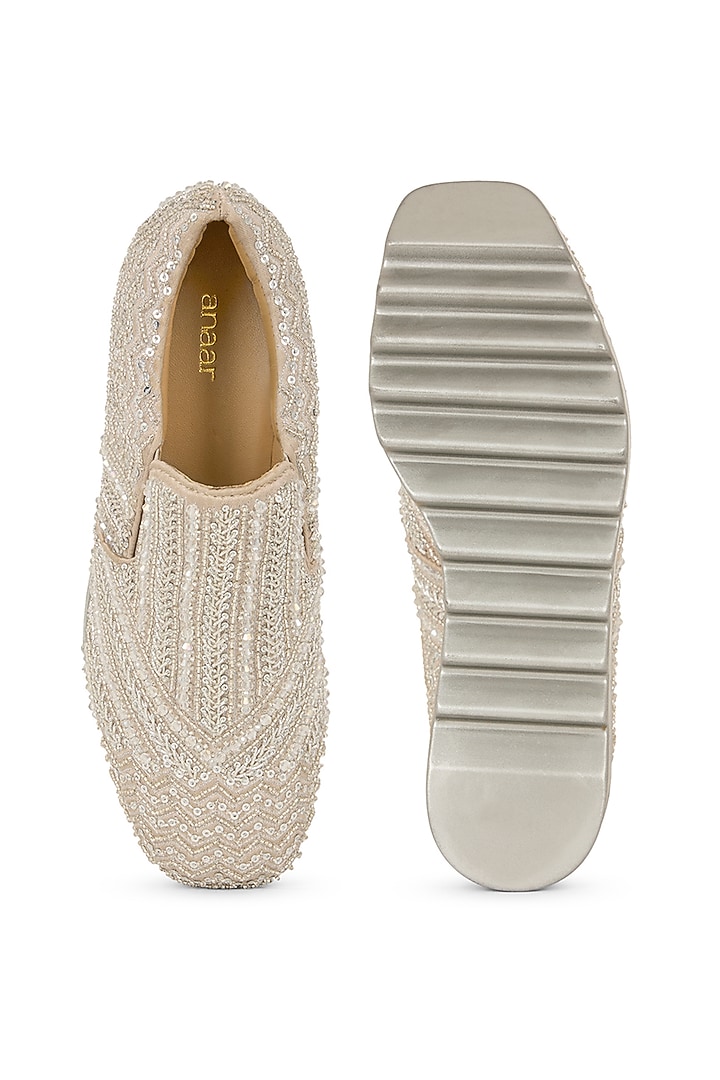 Silver Gajji Satin Hand Embroidered Sneakers by Anaar at Pernia's Pop Up Shop