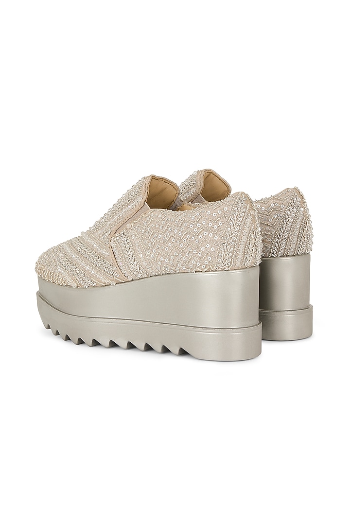 Silver Gajji Satin Hand Embroidered Sneakers by Anaar at Pernia's Pop Up Shop