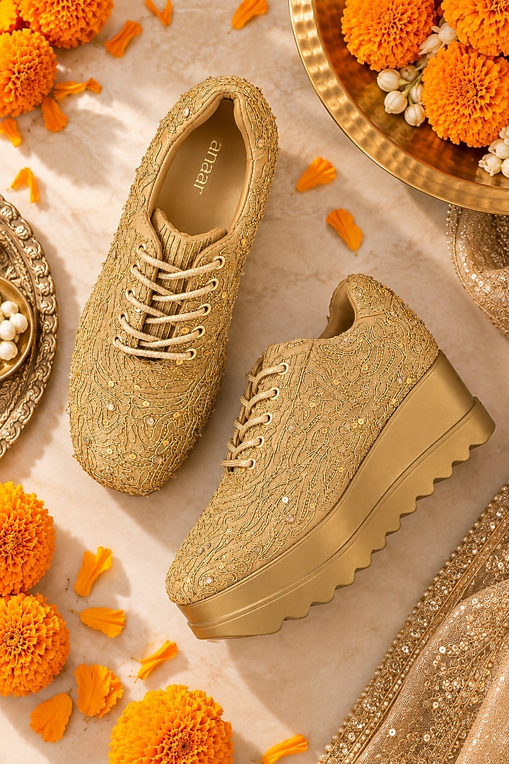 Gold Gajji Satin Dabka Hand Embroidered Sneakers by Anaar at Pernia's Pop Up Shop