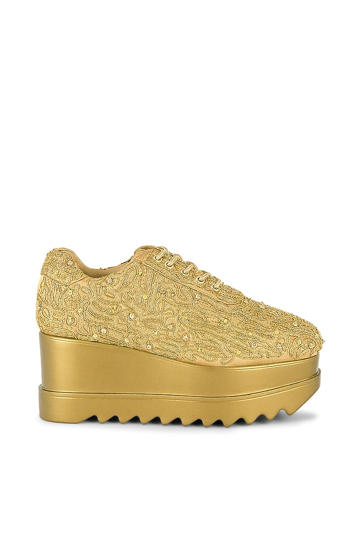 Gold Gajji Satin Dabka Hand Embroidered Sneakers by Anaar at Pernia's Pop Up Shop