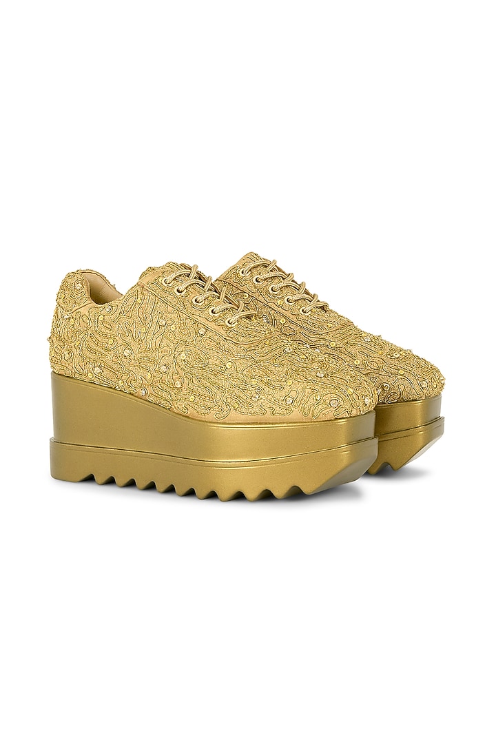 Gold Gajji Satin Dabka Hand Embroidered Sneakers by Anaar at Pernia's Pop Up Shop