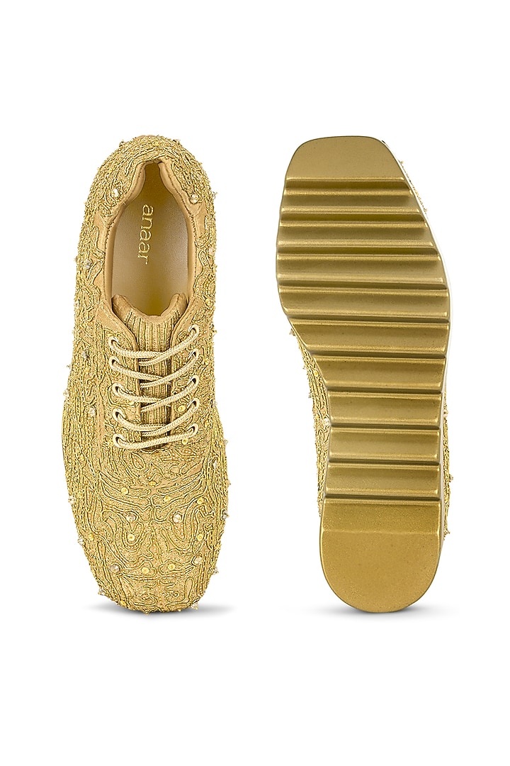Gold Gajji Satin Dabka Hand Embroidered Sneakers by Anaar at Pernia's Pop Up Shop