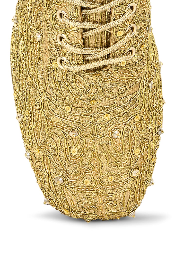 Gold Gajji Satin Dabka Hand Embroidered Sneakers by Anaar at Pernia's Pop Up Shop