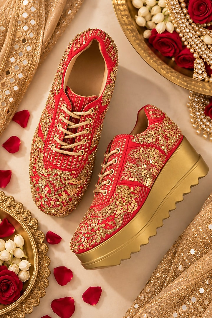 Red Gajji Satin Hand Embroidered Sneakers by Anaar at Pernia's Pop Up Shop