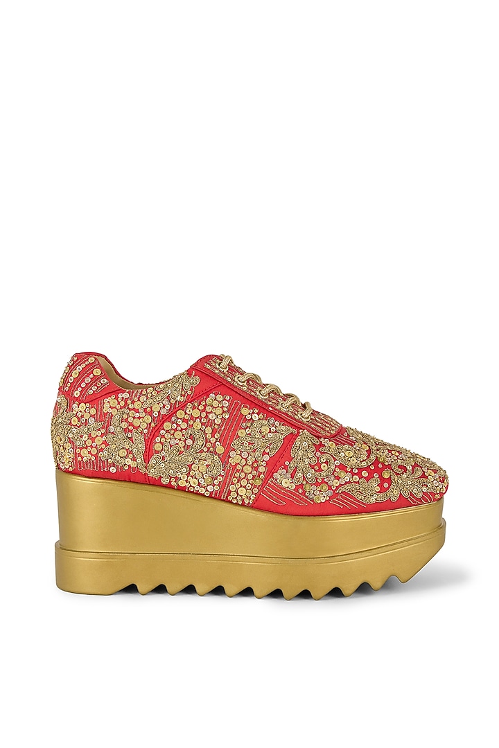 Red Gajji Satin Hand Embroidered Sneakers by Anaar at Pernia's Pop Up Shop