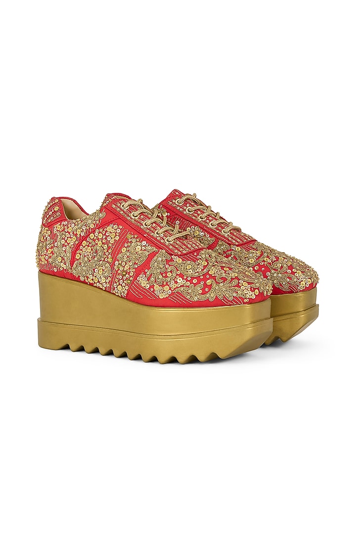Red Gajji Satin Hand Embroidered Sneakers by Anaar at Pernia's Pop Up Shop