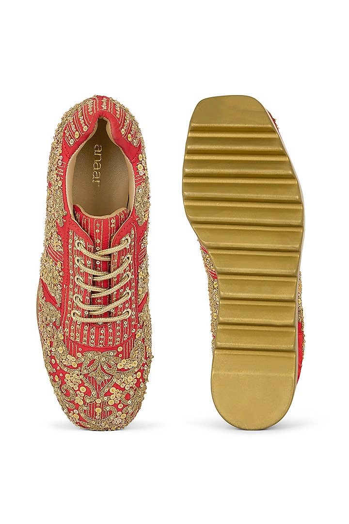 Red Gajji Satin Hand Embroidered Sneakers by Anaar at Pernia's Pop Up Shop