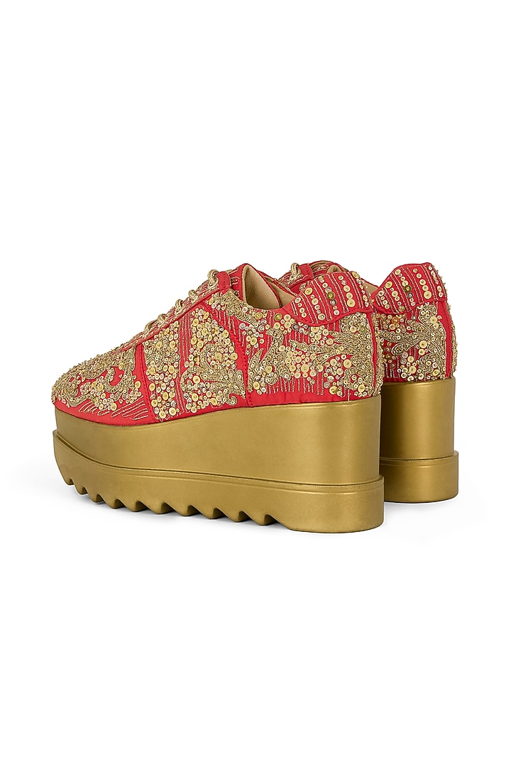 Red Gajji Satin Hand Embroidered Sneakers by Anaar at Pernia's Pop Up Shop