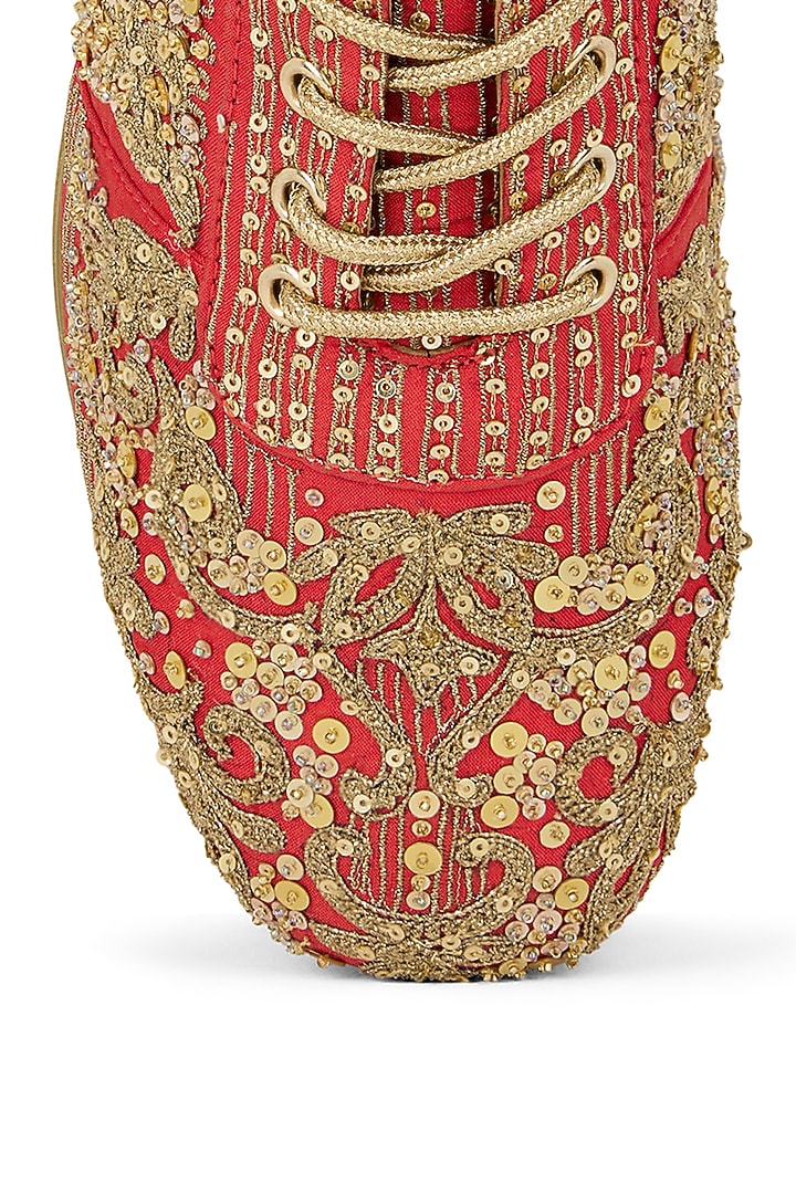 Red Gajji Satin Hand Embroidered Sneakers by Anaar at Pernia's Pop Up Shop