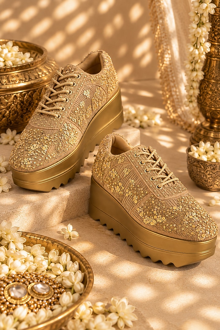 Gold Gajji Satin Zari Hand Embroidered Sneakers by Anaar at Pernia's Pop Up Shop