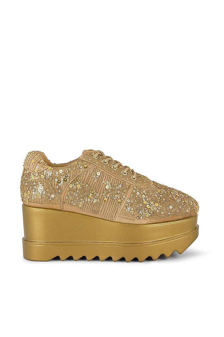 Gold Gajji Satin Zari Hand Embroidered Sneakers by Anaar at Pernia's Pop Up Shop