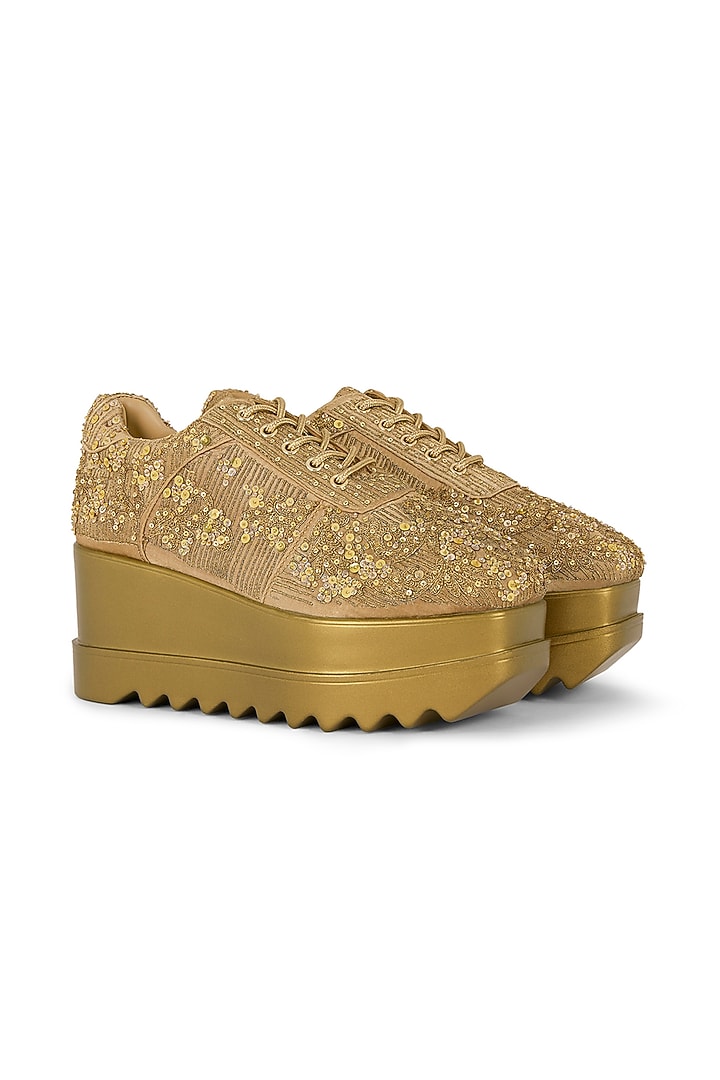 Gold Gajji Satin Zari Hand Embroidered Sneakers by Anaar at Pernia's Pop Up Shop