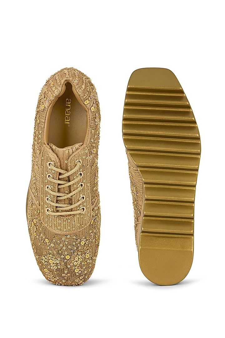 Gold Gajji Satin Zari Hand Embroidered Sneakers by Anaar at Pernia's Pop Up Shop