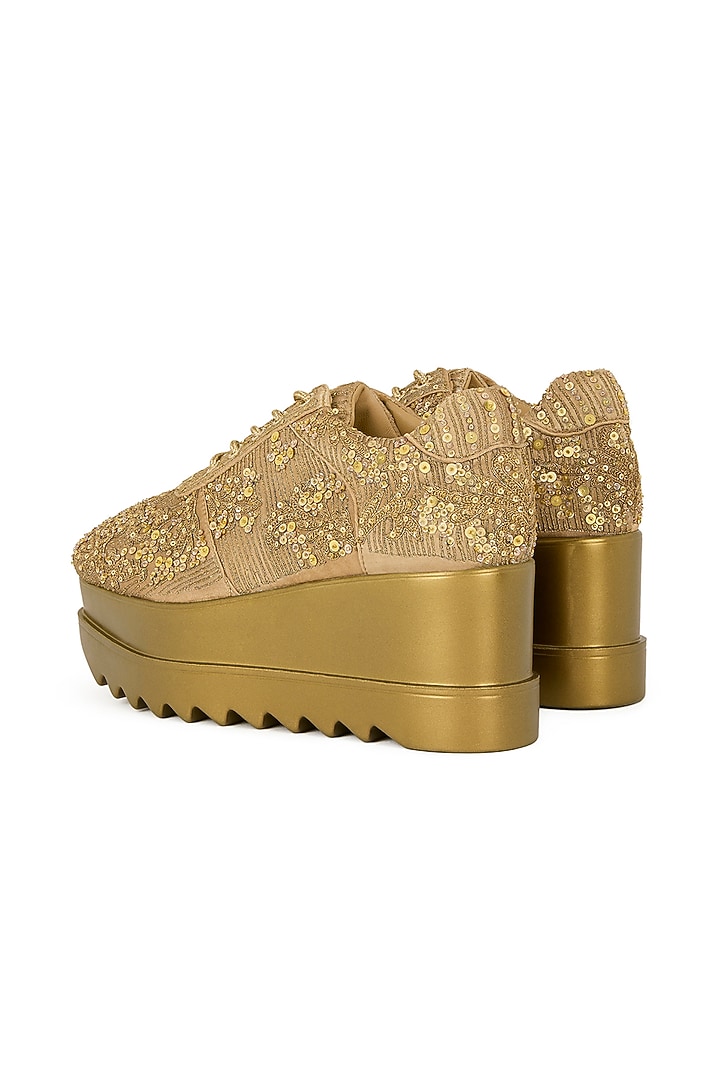 Gold Gajji Satin Zari Hand Embroidered Sneakers by Anaar at Pernia's Pop Up Shop