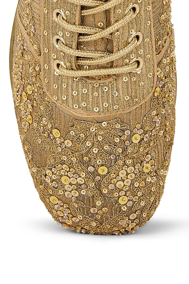 Gold Gajji Satin Zari Hand Embroidered Sneakers by Anaar at Pernia's Pop Up Shop