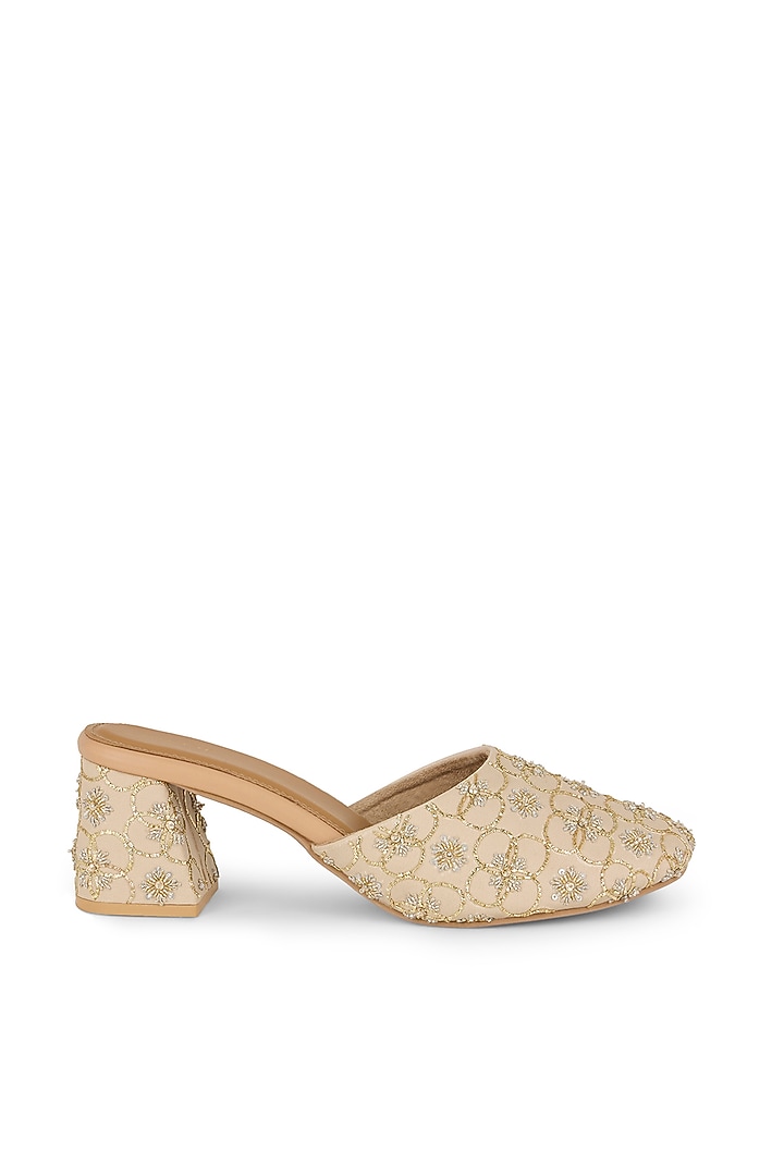 Off-White Blended Woven Floral Motifs Hand Embroidered Block Heels by Anaar at Pernia's Pop Up Shop
