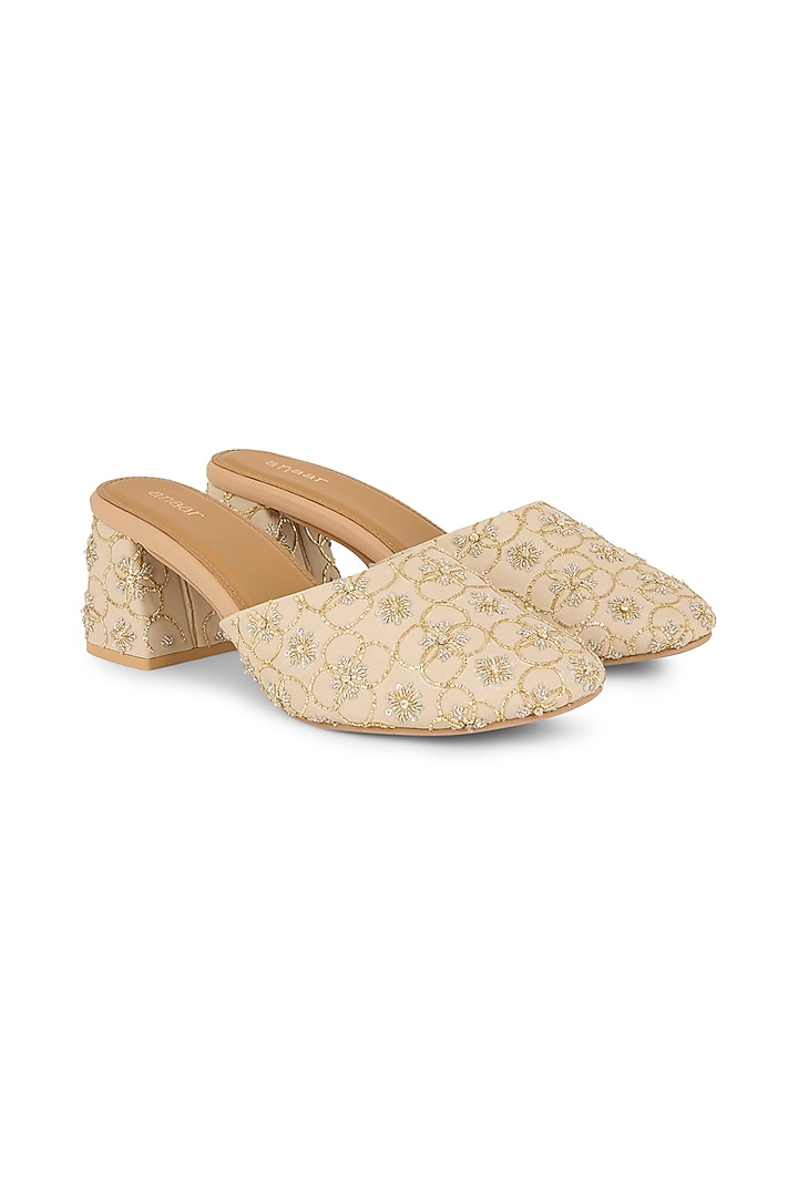 Off-White Blended Woven Floral Motifs Hand Embroidered Block Heels by Anaar at Pernia's Pop Up Shop