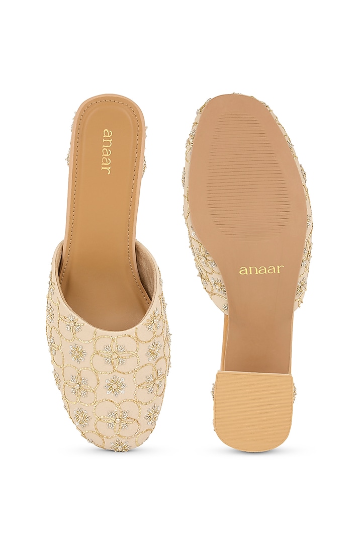 Off-White Blended Woven Floral Motifs Hand Embroidered Block Heels by Anaar at Pernia's Pop Up Shop