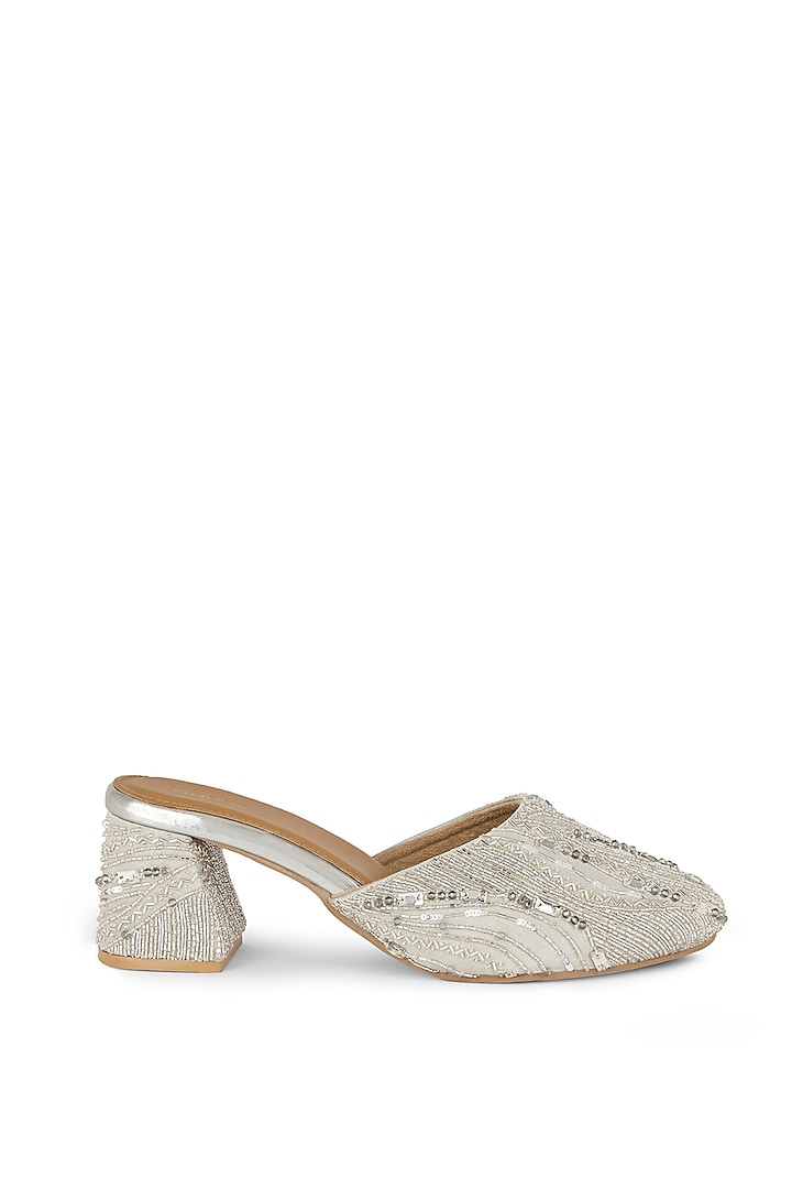 Silver Gajji Satin Hand Embellished Block Heels by Anaar at Pernia's Pop Up Shop