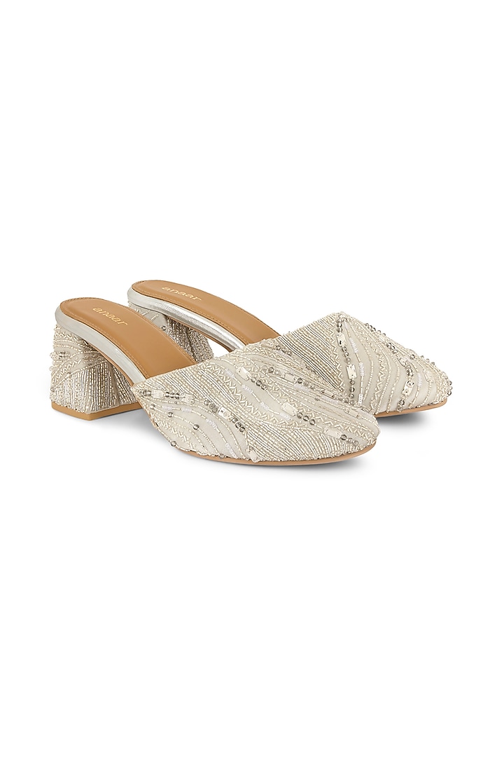 Silver Gajji Satin Hand Embellished Block Heels by Anaar at Pernia's Pop Up Shop