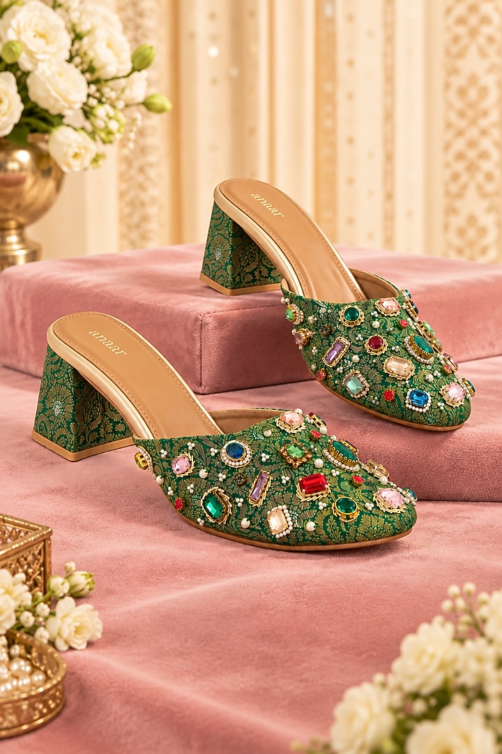 Emerald Brocade Hand Embroidered Block Heels by Anaar at Pernia's Pop Up Shop