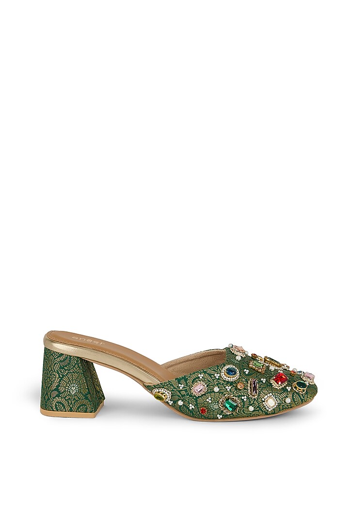 Emerald Brocade Hand Embroidered Block Heels by Anaar at Pernia's Pop Up Shop