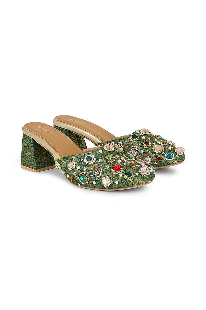 Emerald Brocade Hand Embroidered Block Heels by Anaar at Pernia's Pop Up Shop