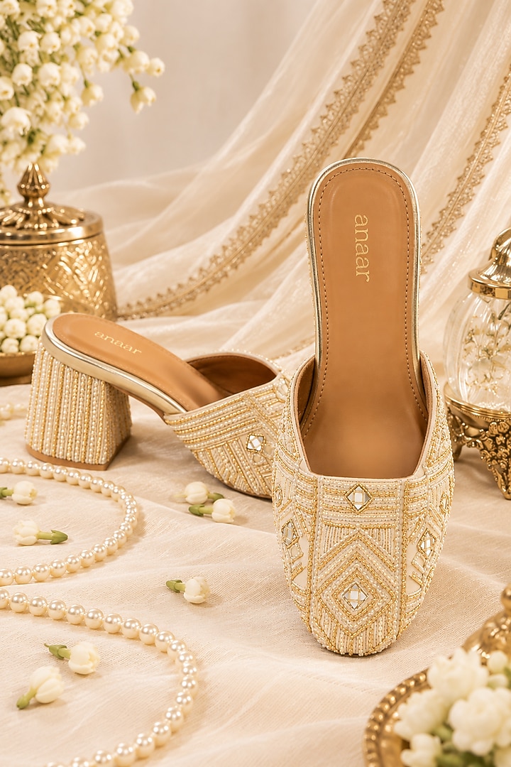 Off-White Chiffon Hand Embroidered Block Heels by Anaar at Pernia's Pop Up Shop