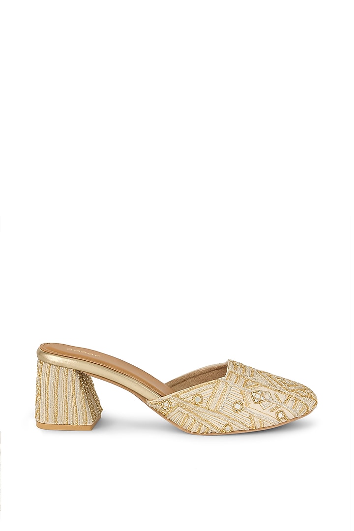 Off-White Chiffon Hand Embroidered Block Heels by Anaar at Pernia's Pop Up Shop