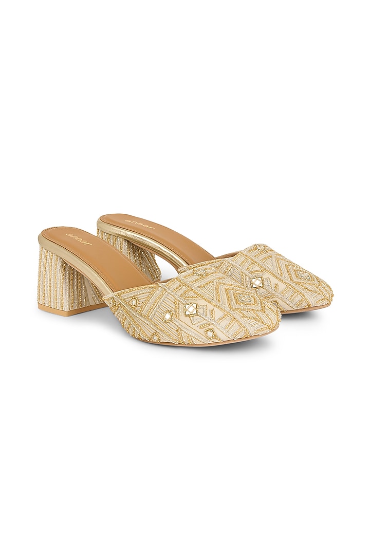 Off-White Chiffon Hand Embroidered Block Heels by Anaar at Pernia's Pop Up Shop