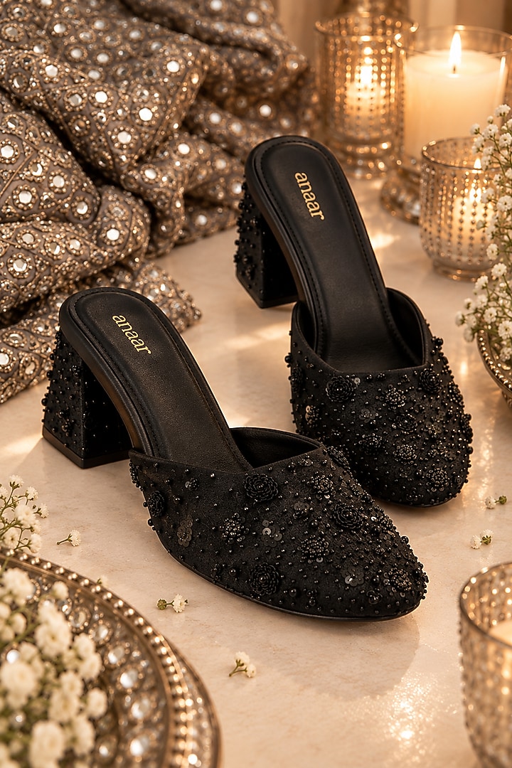 Black Satin Hand Embroidered Block Heels by Anaar at Pernia's Pop Up Shop