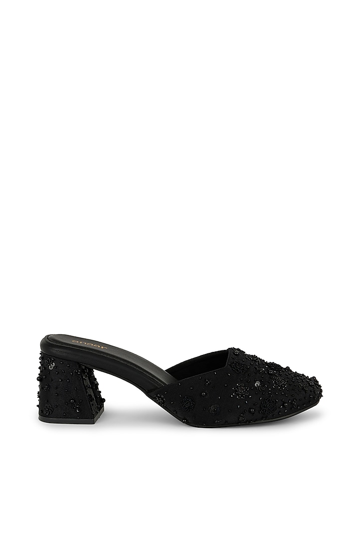 Black Satin Hand Embroidered Block Heels by Anaar at Pernia's Pop Up Shop