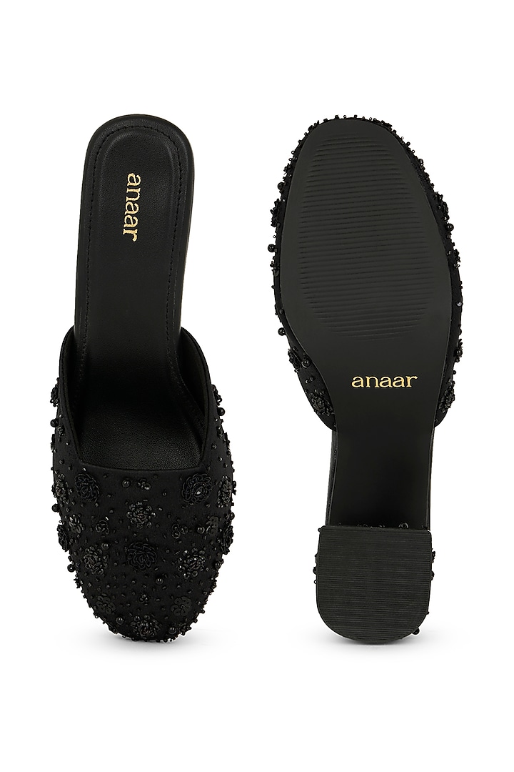 Black Satin Hand Embroidered Block Heels by Anaar at Pernia's Pop Up Shop