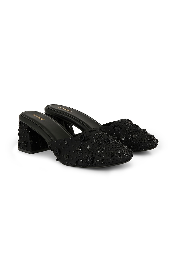 Black Satin Hand Embroidered Block Heels by Anaar at Pernia's Pop Up Shop