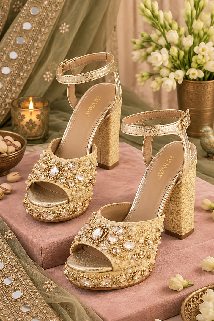 Gold Brocade Hand Embroidered Platform Heels by Anaar at Pernia's Pop Up Shop