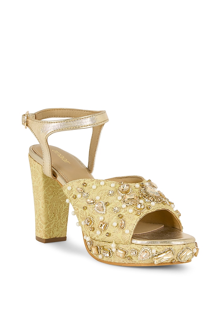 Gold Brocade Hand Embroidered Platform Heels by Anaar at Pernia's Pop Up Shop