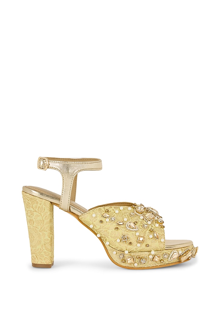 Gold Brocade Hand Embroidered Platform Heels by Anaar at Pernia's Pop Up Shop