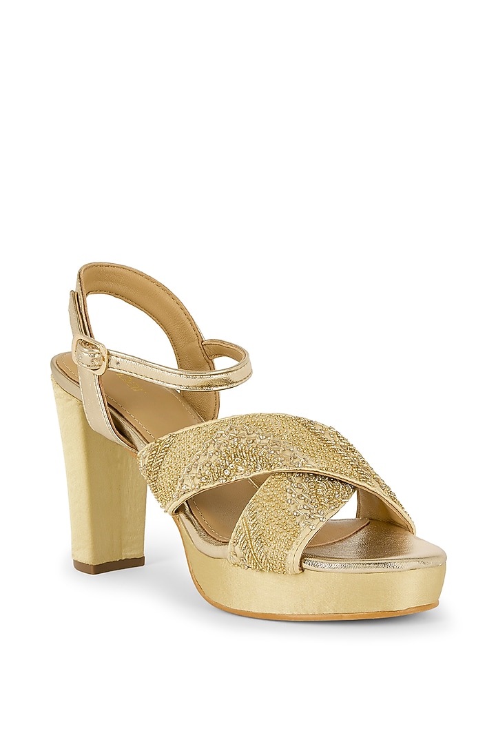 Gold Gajji Satin Hand Embroidered Heels by Anaar at Pernia's Pop Up Shop