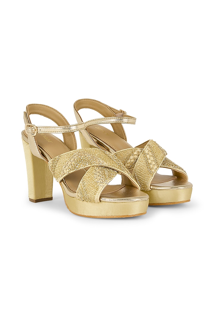 Gold Gajji Satin Hand Embroidered Heels by Anaar at Pernia's Pop Up Shop