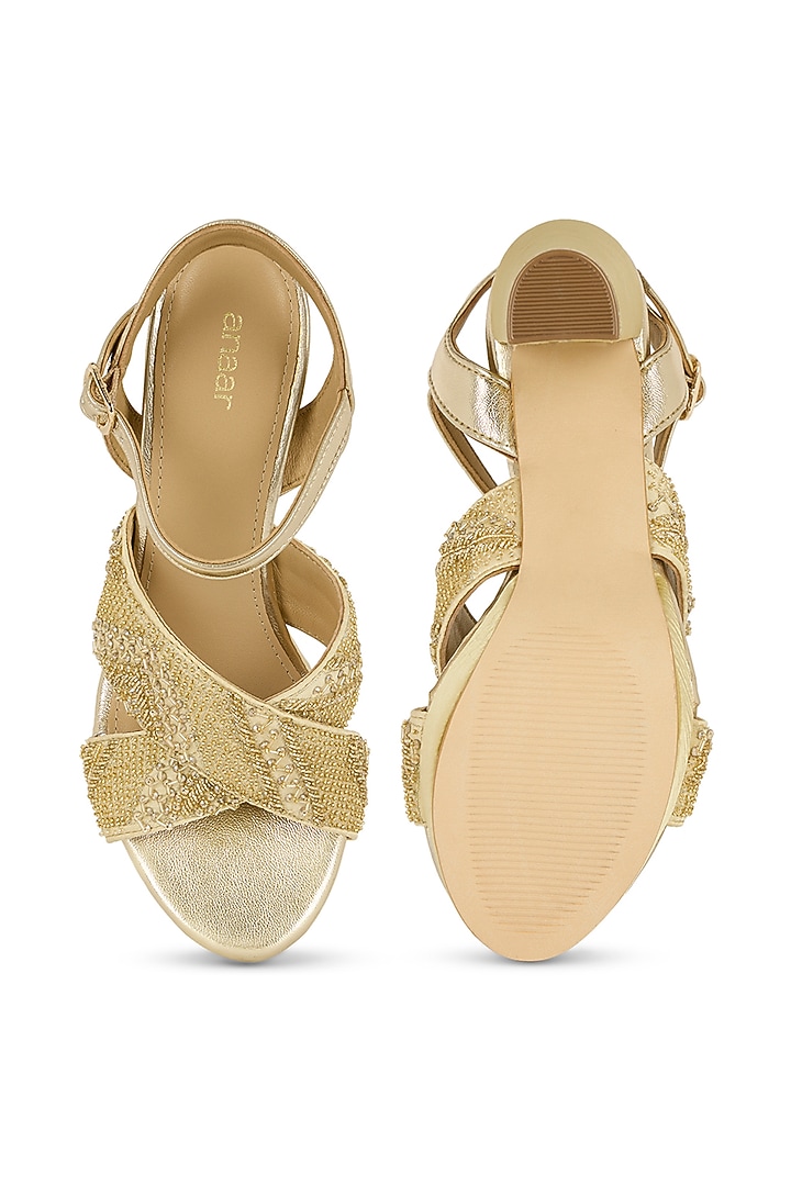 Gold Gajji Satin Hand Embroidered Heels by Anaar at Pernia's Pop Up Shop