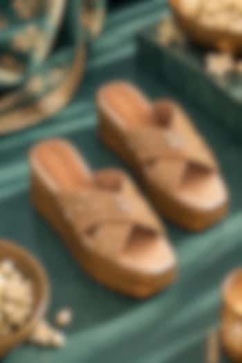 Gold Blended Woven Hand Embroidered Wedges by Anaar at Pernia's Pop Up Shop