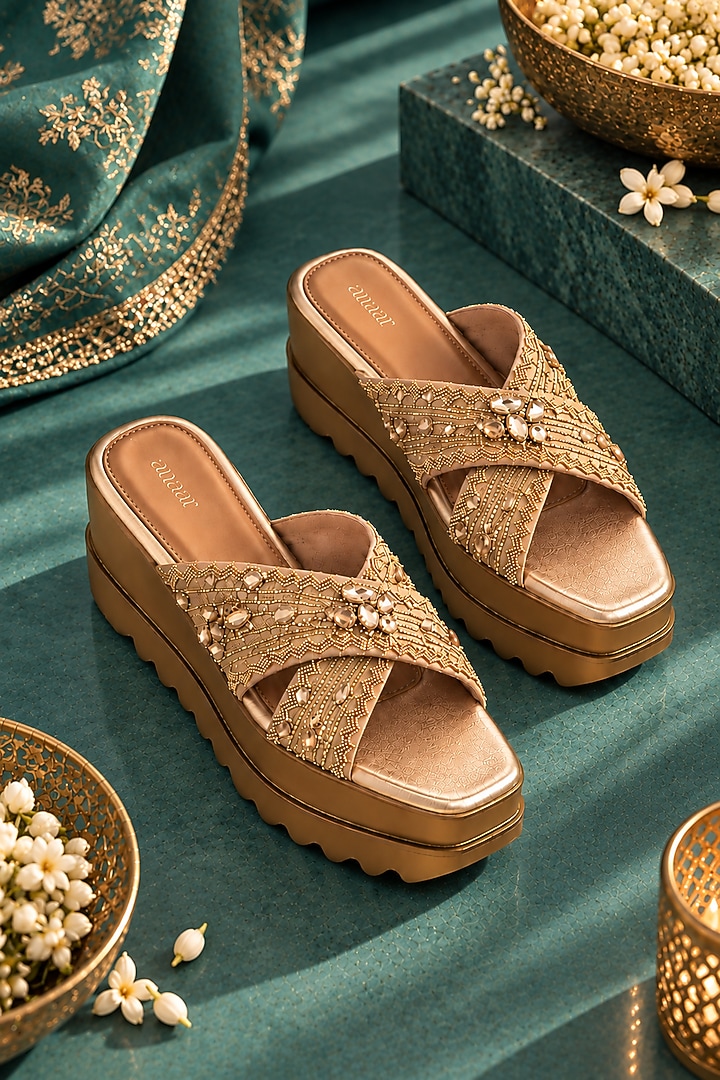 Gold Blended Woven Hand Embroidered Wedges by Anaar at Pernia's Pop Up Shop
