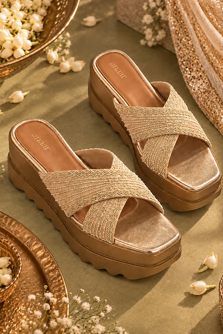 Antique Gold Blended Woven Hand Embroidered Wedges by Anaar at Pernia's Pop Up Shop