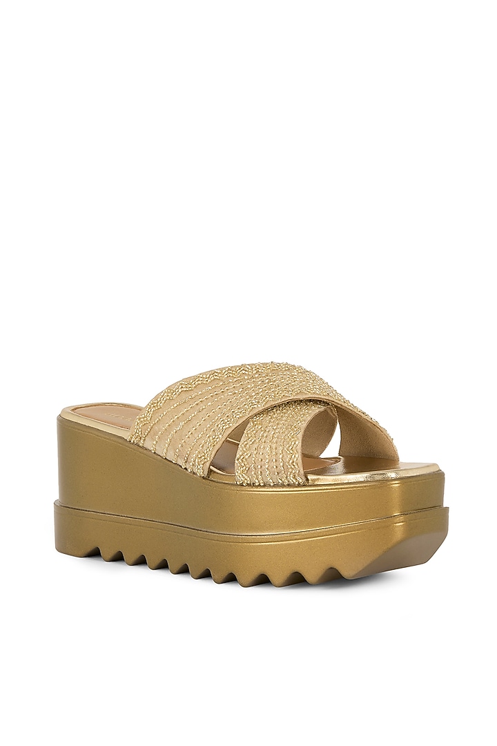 Antique Gold Blended Woven Hand Embroidered Wedges by Anaar at Pernia's Pop Up Shop