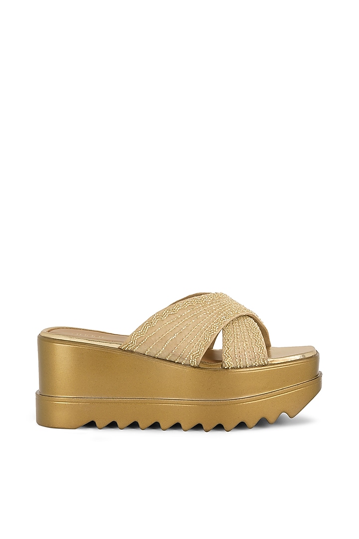 Antique Gold Blended Woven Hand Embroidered Wedges by Anaar at Pernia's Pop Up Shop